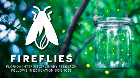 FIREFLIES logo superimposed on an image of a tree with a jar of lightning bugs